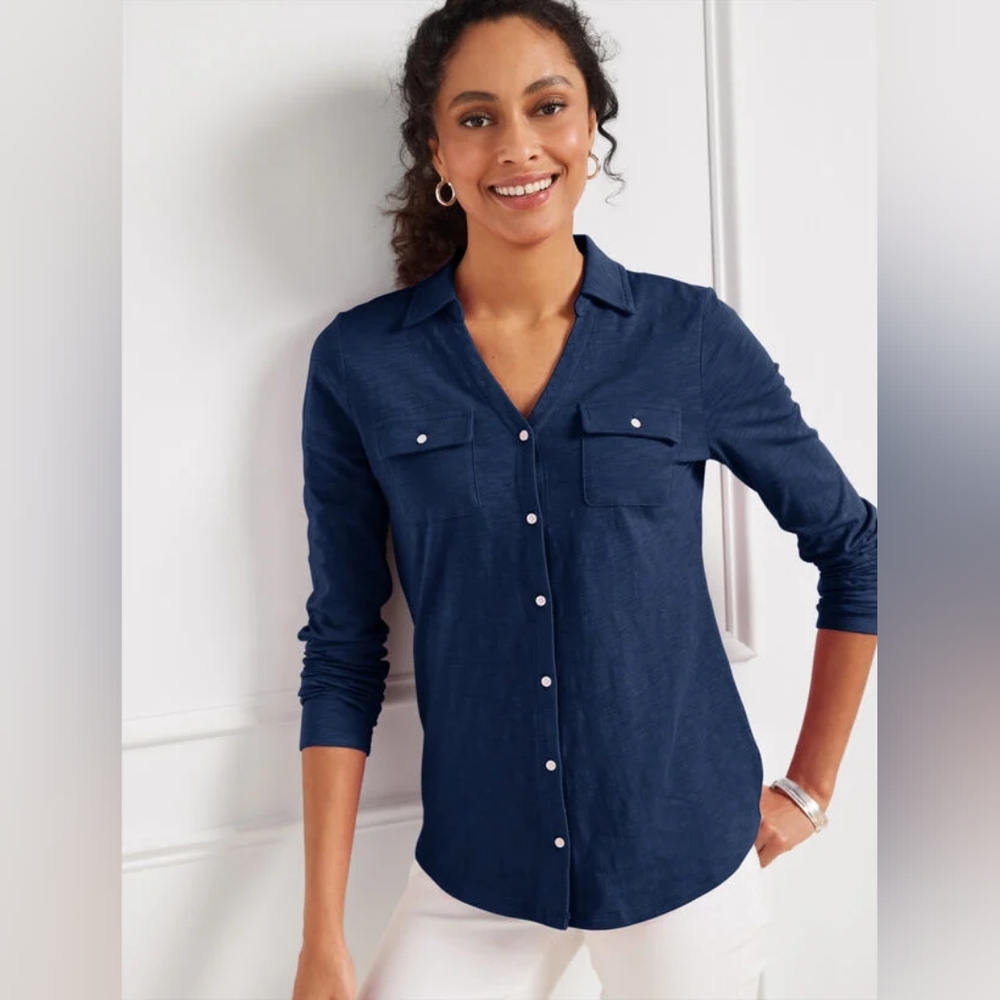 Talbot's Knit Button Front Shirt, Size XL, Navy Blue